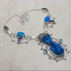 New Titanium Druzy Carved Praying Goddess 925 Silver Necklace.